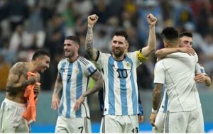 Argentina forward #10 Lionel Messi celebrates after defeating Croatia 3-0 in the Qatar 2022 World Cup football semifinal match between Argentina and Croatia at Lusail Stadium in Lusail, north of Doha on 13 December 2022.