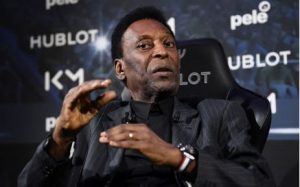 Brazilian football legend Pele speaks during a meeting with Paris Saint-Germain (PSG) and France national football team forward Kylian Mbappe at the Hotel Lutetia in Paris on 2 April 2019.