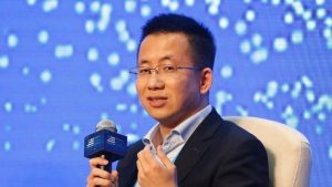 TikTok owner Zhang Yiming, founder and global CEO of ByteDance delivering a speech at a tech seminar.