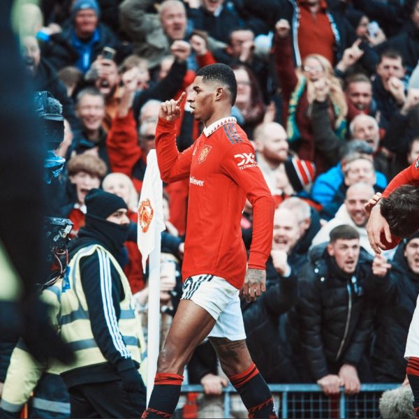 Manchester United's Marcus Rashford celebrates a goal in their English Premier League match against rivals Manchester City on 14 January 2023.