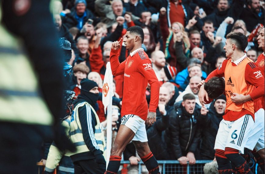 Home 144 Manchester United's Marcus Rashford celebrates a goal in their English Premier League match against rivals Manchester City on 14 January 2023.