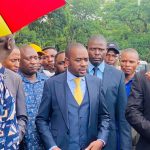 Citizens Coalition for Change (CCC) leader Nelson Chamisa addressing the public at a local court.