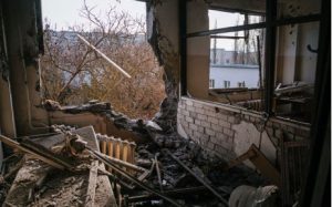 This photograph taken on 1 January 2023, shows an inside view of a damaged room of the regional Children’s Hospital after a Russian missile strike in the southern city of Kherson, amid the Russian invasion of Ukraine.