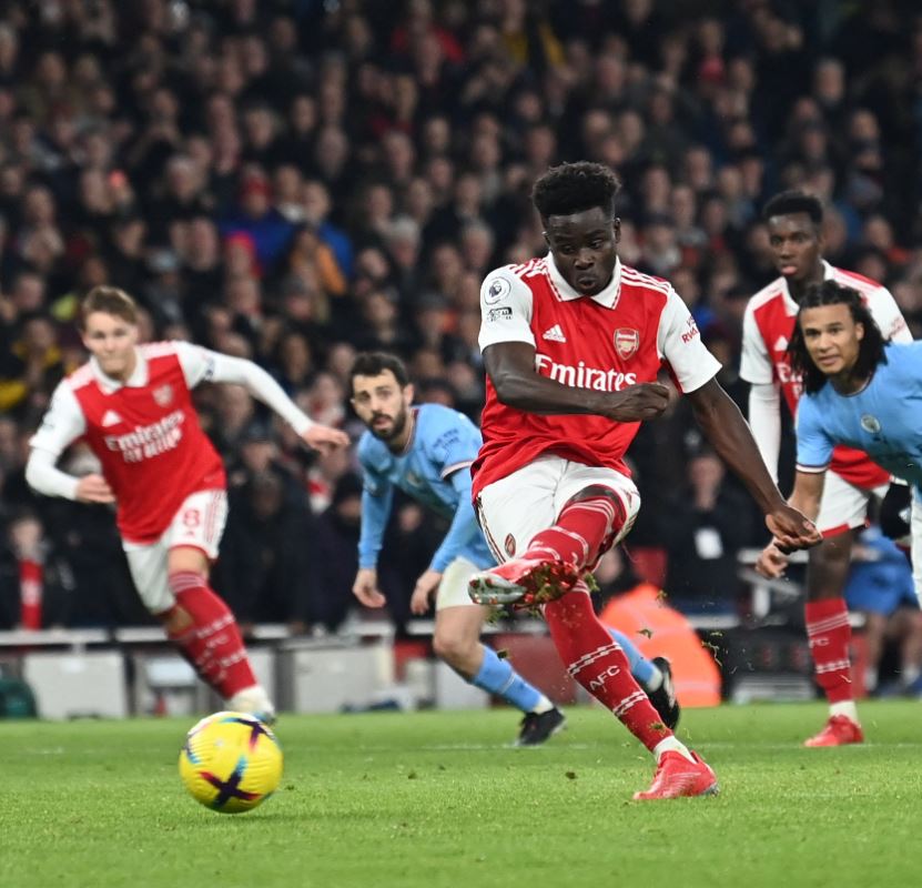 Arsenal FC star Bukayo Saka takes the penalty in the 3-1 defeat to Manchester City FC on Wednesday 15th February 2023.
