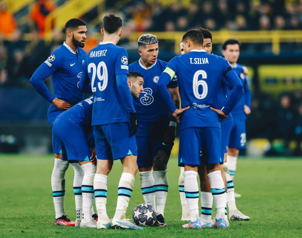 Chelsea players looking interjected after the UEFA Champions League, first-leg, round of 16 football match against BVB Borussia Dortmund in Dortmund, western Germany, on 15 February 2023. 
