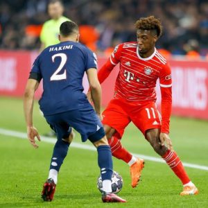 Kingsley Coman tries to negotiate his way past Hakimi as Bayern Munich beat Paris Saint Germain in the last-16 first-leg tie of the UEFA Champions League on Tuesday 14th February 2023.
