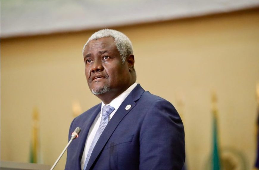 Chairperson of the African Union - AU - Commission, Moussa Faki Mahamat speaking at the Opening of the Extraordinary Humanitarian Summit and Pledging Conference in May 2022.
