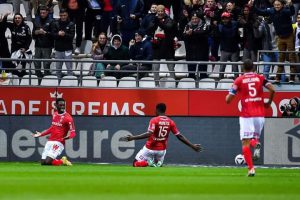 Home 8 Stade de Reims midfielder Marshall Munetsi celebrates his goal in the French Ligue 1 as they beat Toulouse 3-0 in an entertaining match played on Sunday 26th February 2023.