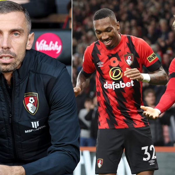 A picture collage of Bournemouth manager Gary O'Neil and team players ( including Jordan Zemura) during a Premier League match.