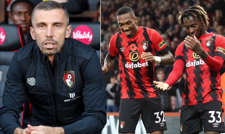 A picture collage of Bournemouth manager Gary O'Neil and team players ( including Jordan Zemura) during a Premier League match.