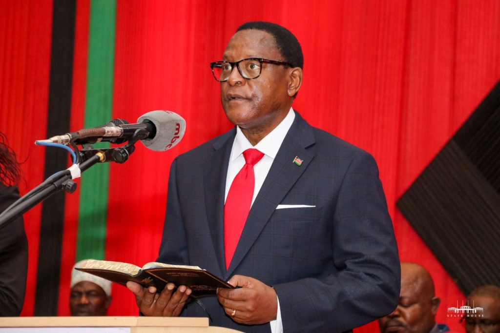 Malawi President Lazarus Chakwera speaking during a state of the nation event in Malawi recently.