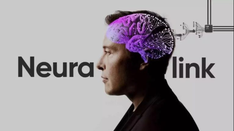 A graphic photo of Neuralink founder Elon Musk and the model of brain chip implant.