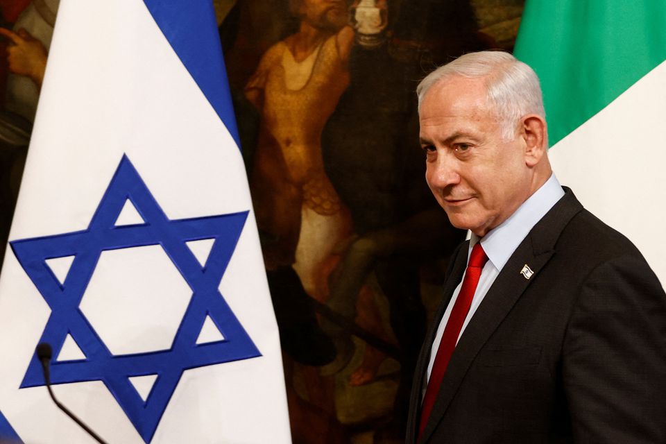 Israeli Prime Minister Benjamin Netanyahu attends a news conference with Italian Prime Minister Giorgia Meloni after their meeting at Palazzo Chigi, in Rome, Italy, March 10, 2023.