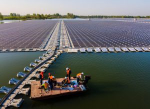 The world’s largest array of floating solar panels in China’s Anhui province.