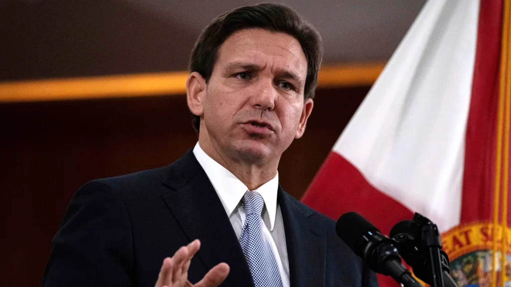 Florida Gov. Ron DeSantis answers questions from the media in the Florida Cabinet in Tallahassee, Florida, on March 7, 2023.