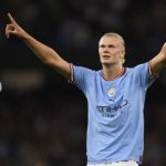 Manchester City striker Erling Haaland celebrates after scoring the team's third goal during the English Premier League football match between Manchester City and Nottingham Forest at the Etihad Stadium in Manchester, north west England, on 31 August 2022.