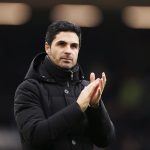 Mikel Arteta applauds the Arsenal fans after victory over Fulham.