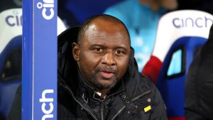 Arsenal legend Patrick Vieira following the proceedings from the dugout during his tenure at English Premier League club Crystal Palace.