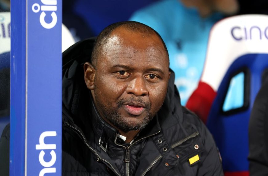 Arsenal legend Patrick Vieira following the proceedings from the dugout during his tenure at English Premier League club Crystal Palace.