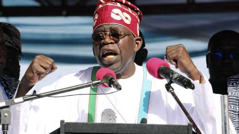 Bola Tinubu speaks during a campaign in Jos, Nigeria, on November 15, 2022.