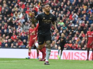 Home 7 Arsenal striker Gabriel Jesus celebrating his goal in the 2-2 draw against Liverpool at Anfield stadium on Sunday 9th April 2023.