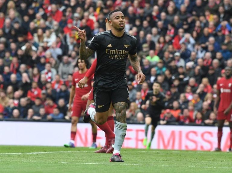 Arsenal striker Gabriel Jesus celebrating his goal in the 2-2 draw against Liverpool at Anfield stadium on Sunday 9th April 2023.