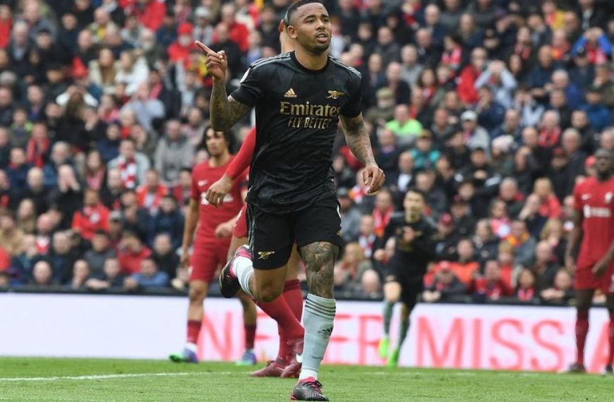 Arsenal striker Gabriel Jesus celebrating his goal in the 2-2 draw against Liverpool at Anfield stadium on Sunday 9th April 2023.