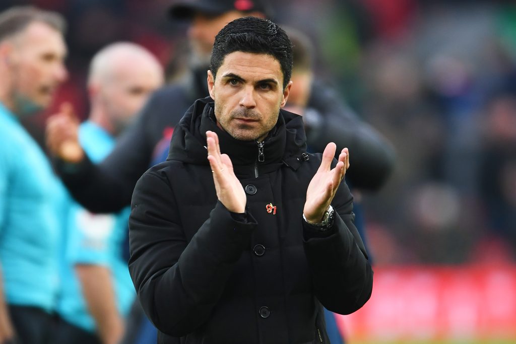  Arsenal manager Mikel Arteta appreciating the fans after the 2-2 draw against Liverpool at Anfield stadium on Sunday 9th April 2023.