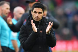 Home 5 Arsenal manager Mikel Arteta appreciating the fans after the 2-2 draw against Liverpool at Anfield stadium on Sunday 9th April 2023.