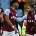 Aston Villa's Tyrone Mings (foreground) celebrates his goal against Fulham in their English Premier League match on 25 April 2023.