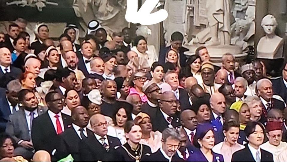 FILE: A snap image showing Zimbabwe President Emmerson Mnangagwa seated in an isolated corner (pointed by white arrow) at the coronation of King Charles in United Kingdom.