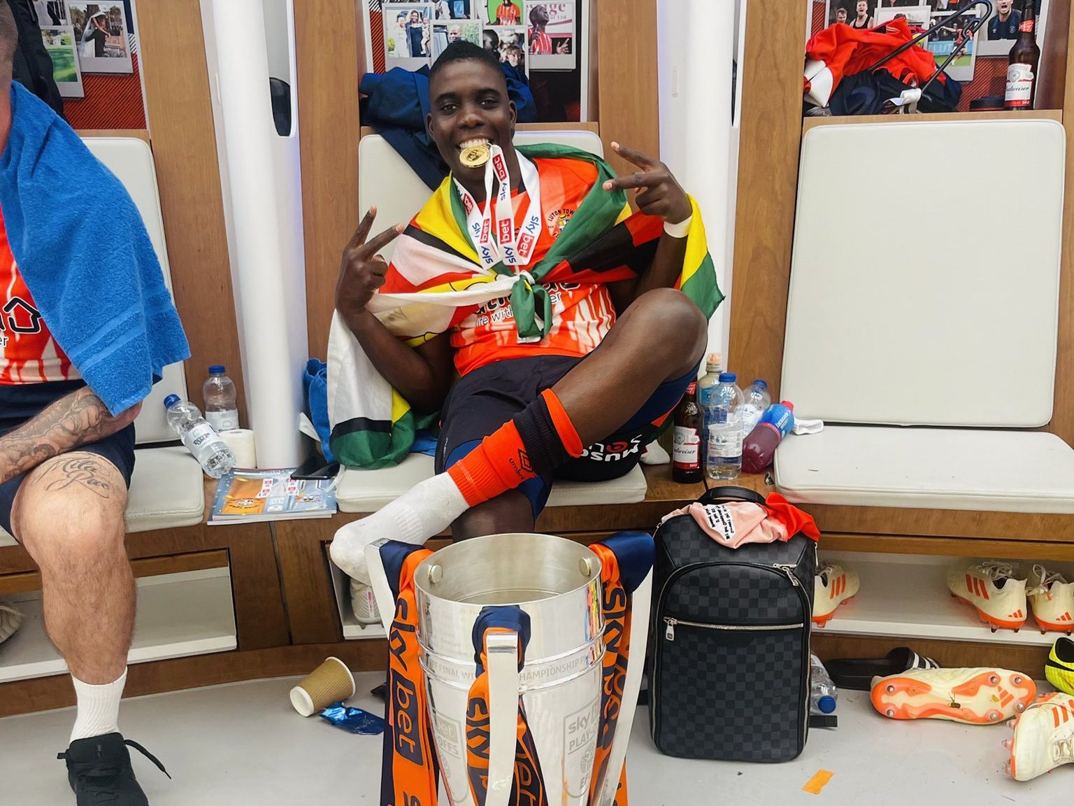 Zimbabwe international Marvelous Nakamba celebrates at Wembley on Saturday 27th May 2023 after helping Luton Town FC beat Coventry City FC to secure promotion to English Premier League.