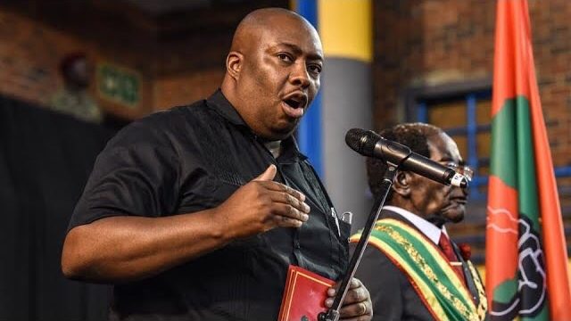 Former ZANU PF official Saviour Kasukuwere speaking at an Economic Freedom Fighters (EFF) event in honour of the late Robert Mugabe.