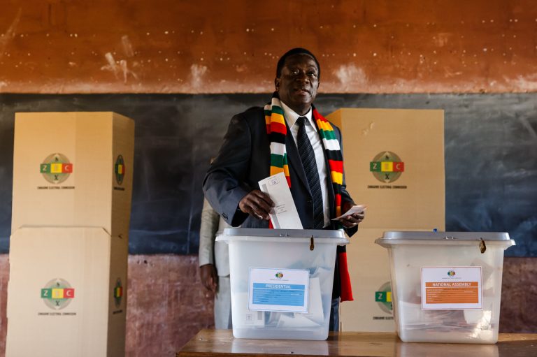 President Emmerson Mnangagwa casts his ballot Monday 30th July 2018 at Sherwood Primary School in Kwekwe.