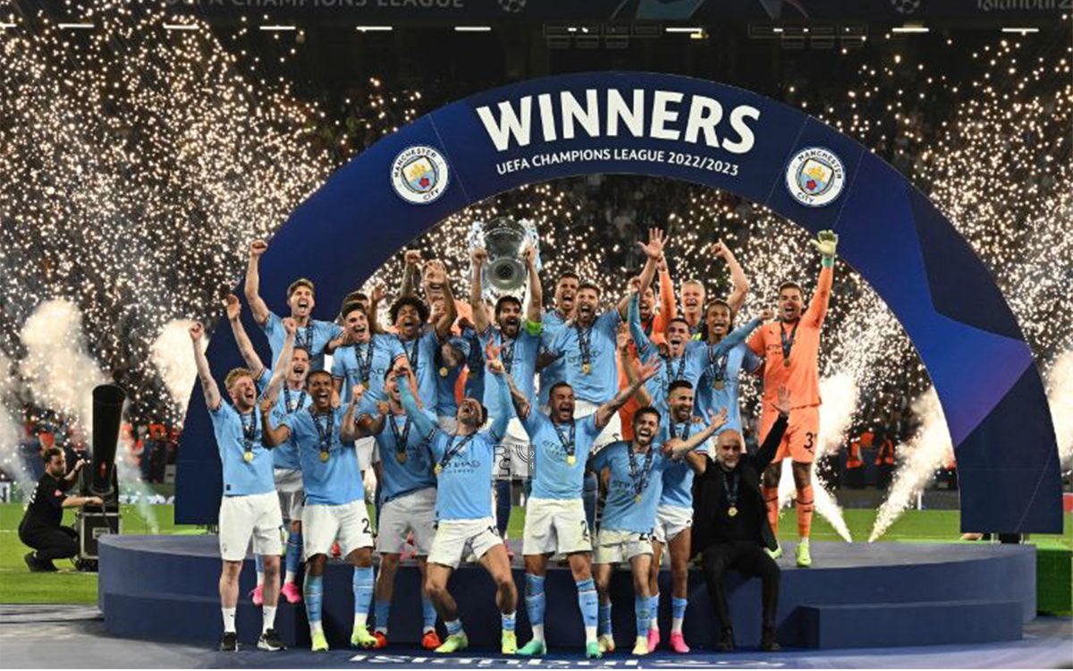 Manchester City's captain Ilkay Gundogan holds aloft the European Cup trophy as they celebrate winning the UEFA Champions League final football match between Inter Milan and Manchester City at the Ataturk Olympic Stadium in Istanbul, on June 10, 2023.
