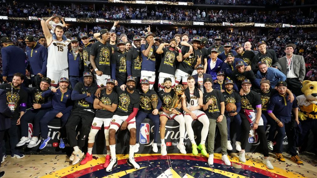 The Denver Nuggets celebrate after beating the Miami Heat in the NBA Finals. 