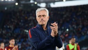 Home 5 Roma manager Jose Mourinho applauds the club supporters after a match recently.