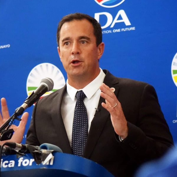South Africa's opposition party Democratic Alliance (DA) leader John Steenhuisen speaking at a party event.
