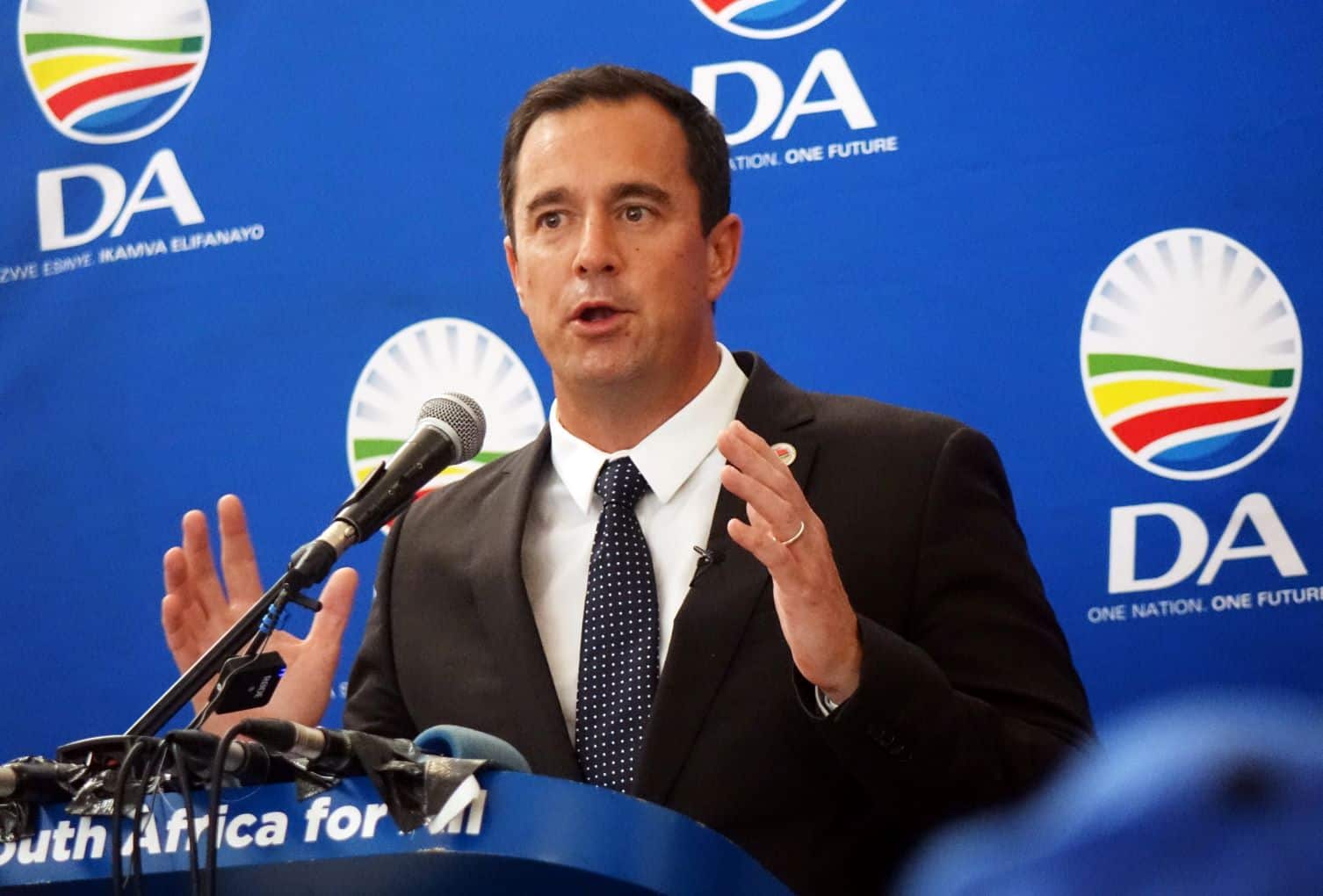 South Africa's opposition party Democratic Alliance (DA) leader John Steenhuisen speaking at a party event.
