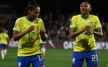 Brazil's midfielder 17 Ary Borges (L) celebrates with Brazil's midfielder #21 Kerolin (R) after scoring a goal during the Australia and New Zealand 2023 Women's World Cup Group F football match between Brazil and Panama at Hindmarsh Stadium in Adelaide on 24 July 2023.