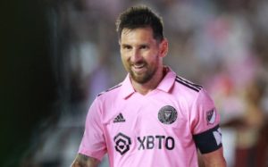 Lionel Messi of Inter Miami CF reacts in the second half during the Leagues Cup 2023 match between Inter Miami CF and Atlanta United at DRV PNK Stadium on 25 July 2023 in Fort Lauderdale, Florida.