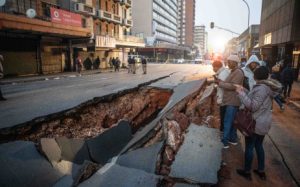 The extensive damage done to roads in the Johannesburg CBD after a gas explosion on 19 July 2023.