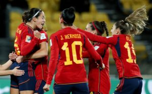 Spain's midfielder Aitana Bonmati (L) celebrates after scoring the team's second goal during the Australia and New Zealand 2023 Women's World Cup Group C football match between Spain and Costa Rica at Wellington Stadium, also known as Sky Stadium, in Wellington on 21 July 2023.