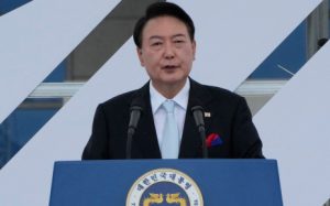 South Korean President Yoon Suk-yeol speaks during a ceremony to celebrate Korean Liberation Day from Japanese colonial rule in 1945, at the presidential office square in Seoul on August 15, 2022. Picture: AHN YOUNG-JOON / POOL / AFP