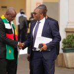 MDC-T leader Douglas Mwonzora shakes hands with Justice and Parliamentary Affairs minister Ziyambi Ziyambi on Tuesday 8th August 2023.