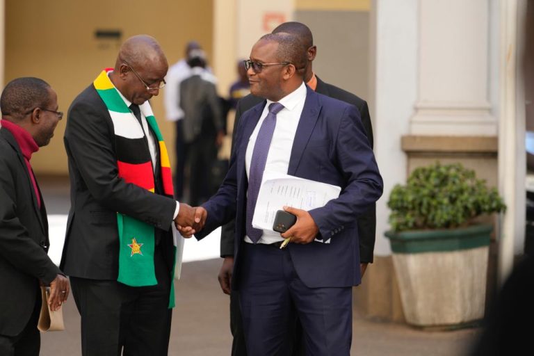 MDC-T leader Douglas Mwonzora shakes hands with Justice and Parliamentary Affairs minister Ziyambi Ziyambi on Tuesday 8th August 2023.