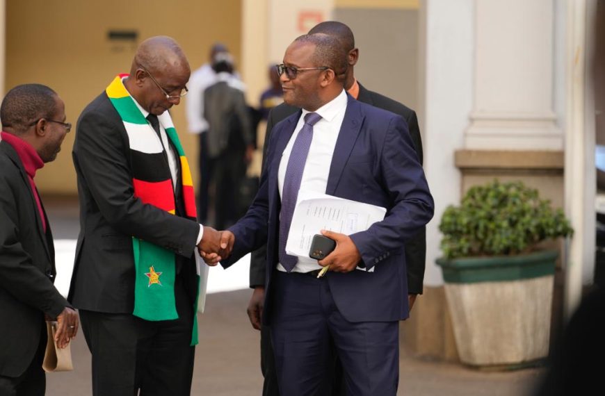 MDC-T leader Douglas Mwonzora shakes hands with Justice and Parliamentary Affairs minister Ziyambi Ziyambi on Tuesday 8th August 2023.