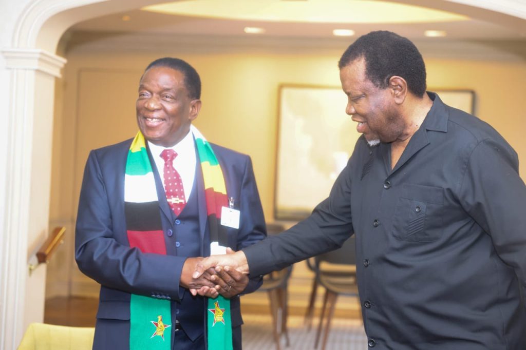Zimbabwe president Emmerson Mnangagwa and Namibian president Hage Geingob on the sidelines of the 78th United Nations General Assembly summit in New York.