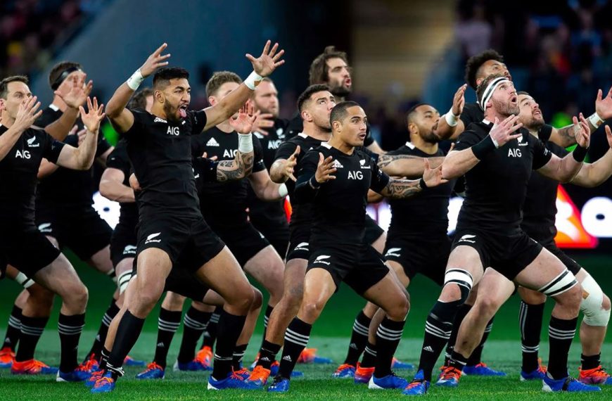 New Zealand (All Blacks) players perform the haka, a famous Maori war dance, before each match.