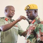 Presidential Guard commander Brigadier General Anselem Sanyatwe in 2018 with Zimbabwe Army General Valerio Sibanda (in brown shirt).
